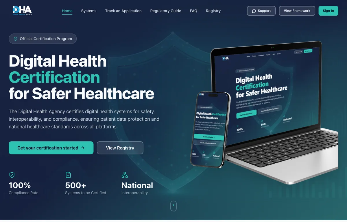 The Digital Health Agency certification portal, headed Digital Health Certification for Safer Healthcare, showing 500 plus systems to be certified
