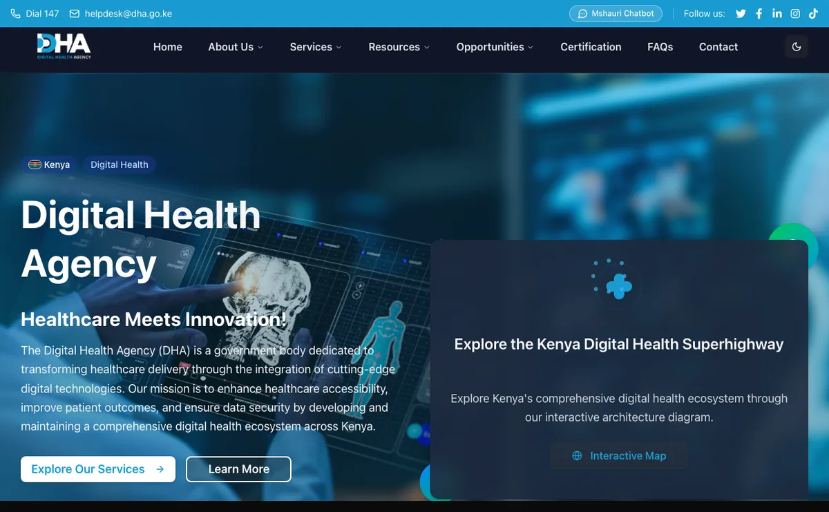 The Digital Health Agency website homepage, with the DHA logo and the heading Digital Health Agency